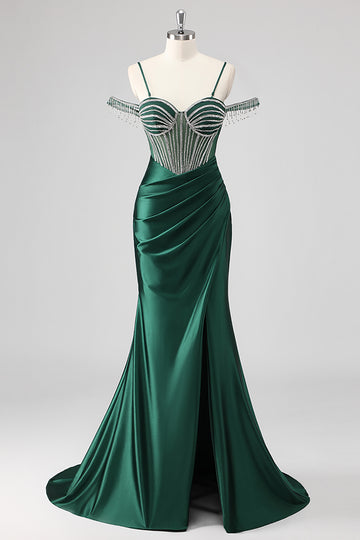Sparkly Mermaid Cold Shoulder Beaded Dark Green Long Prom Dress with Slit